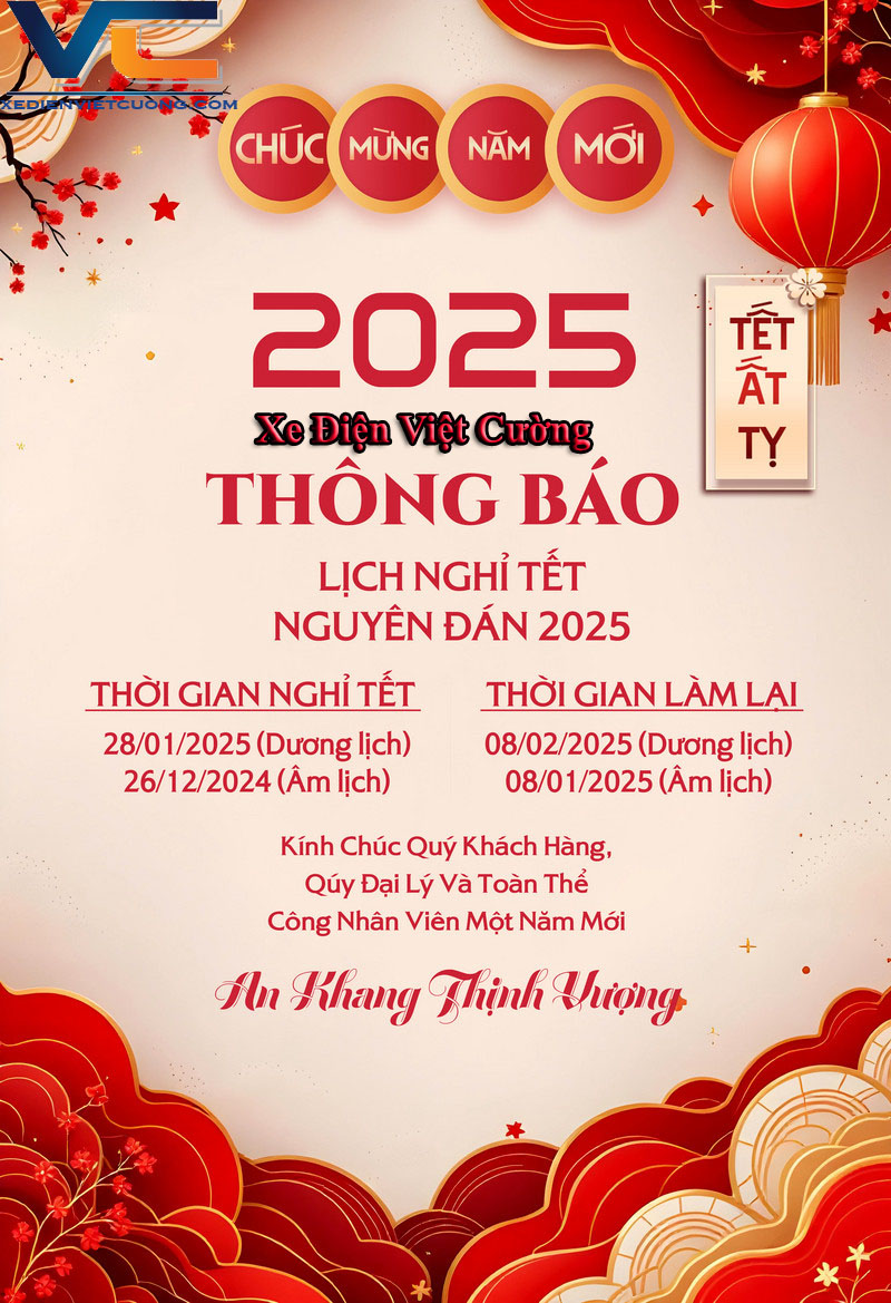 Thông Báo Lịch Nghỉ Tết Nguyên Đán Ất Tỵ 2025 Xe Điện Việt Cường